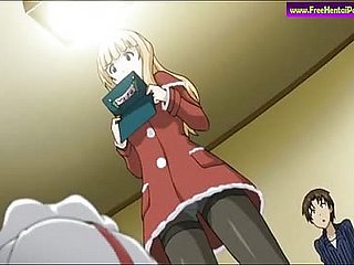 Fair-haired dans des vêtements rouges dans l'anime scène porno